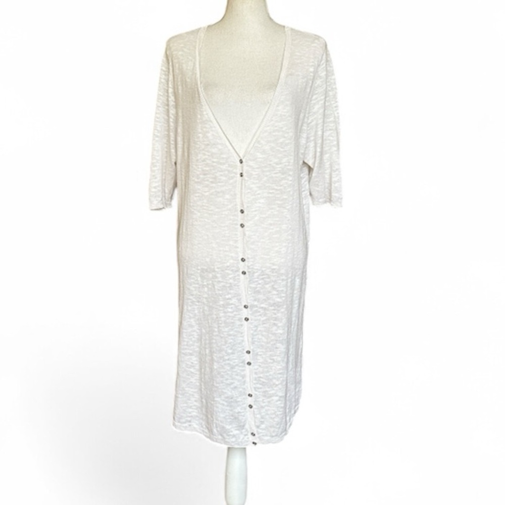 Eileen Fisher Linen Cotton Slub Knit Long Cardigan Half Sleeve Off-White Size XL